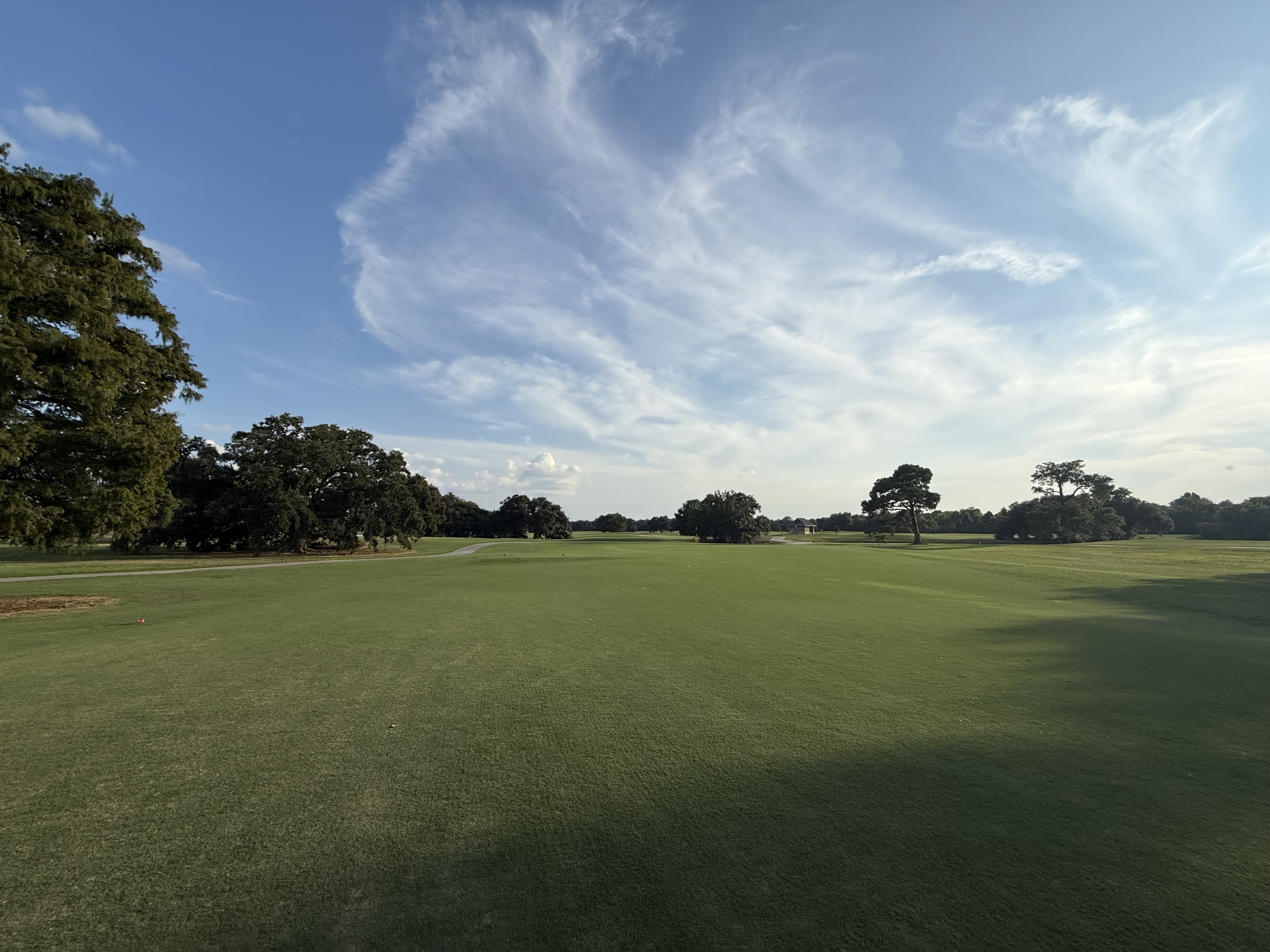 Open fairway lined with oaks at a New Orleans golf course
